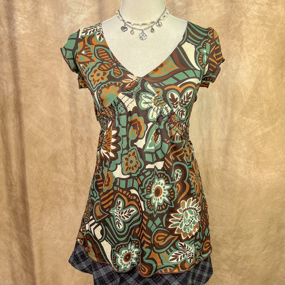 Vintage Y2K Babydoll Top Floral V Neck Multicolor Empire Waist Indie Boho Retro
